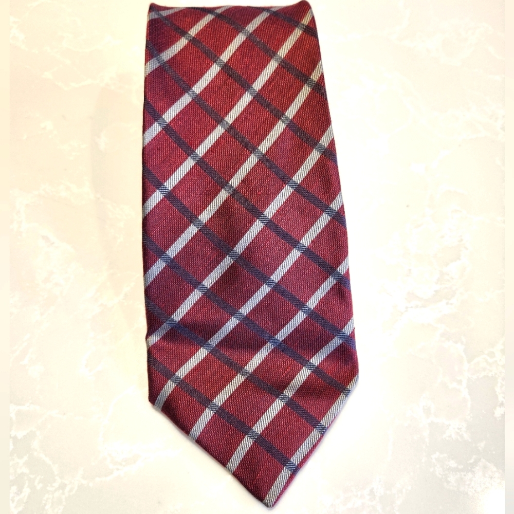 JOHN VARVATOS USA Maroon Navy Blue Silver Checker Pattern 100% Silk Tie Made USA